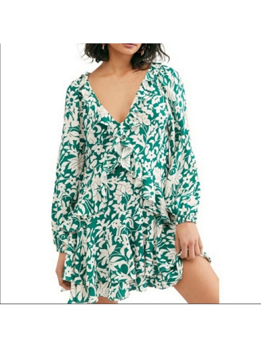 Free People Rebecca Deep V neck Floral Mini Ruffle Dress Size Small